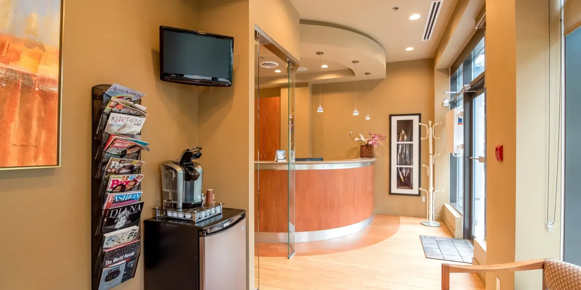 Reception and waiting area with coffee bar